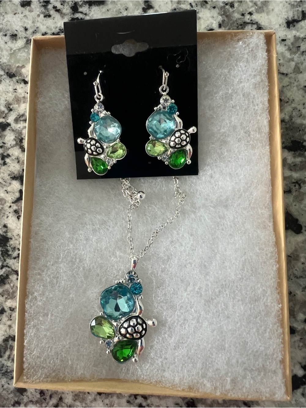 Silver-Tone Turtle Pendant Necklace & Earrings Set - Blue and Green